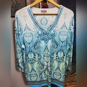 Blue and white JM Collection tunic top, jewel details, gorgeous colors, size XL